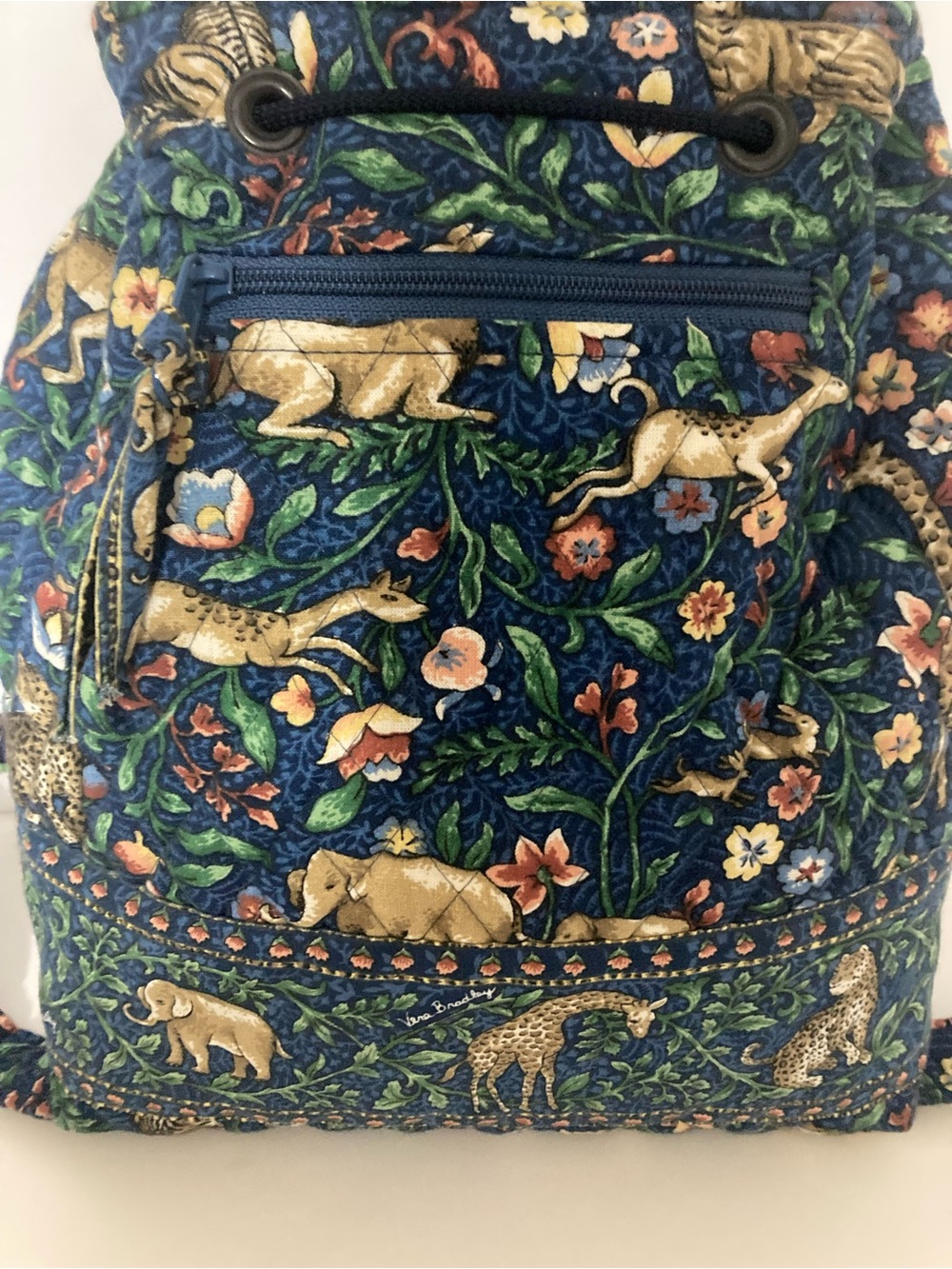 Vera Bradley Navy Floral & Animal Print Quilted Drawstring Backpack. Item# TSbp1 - Picture 6 of 7